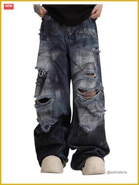 Distressed Baggy Wide Leg Jeans Unisex Vintage Washed Ripped Denim